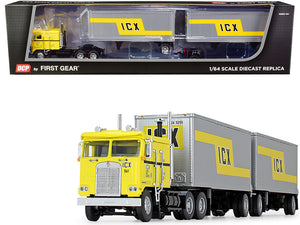 NEW Kenworth K100 COE Truck with Wabash Double Pup Trailers "ICX" (Illinois California Express) Yellow and Silver 1/64 Diecast Model