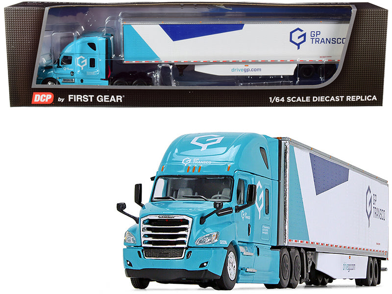 NEW 2018 Freightliner Cascadia High-Roof Sleeper Cab with 53' Utility Dry Goods Trailer with Side Skirts "GP Transco" Light Blue and White 1/64 Diecast Model